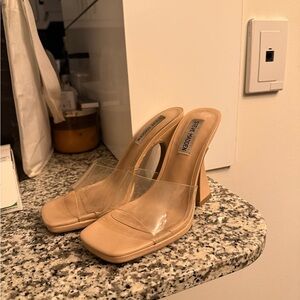 Steve Madden Nude Clear Strap Square Block Heels